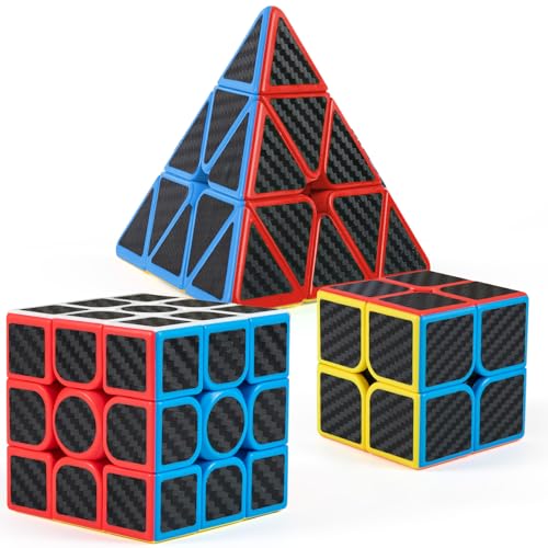 Carbon Fiber Sticker Speed Cube Set: 2x2x2 3x3x3 Pyramid Magic Cube Set, Puzzle Cube Toys Birthday Party Christmas Stocking Stuffers Gift for Kids
