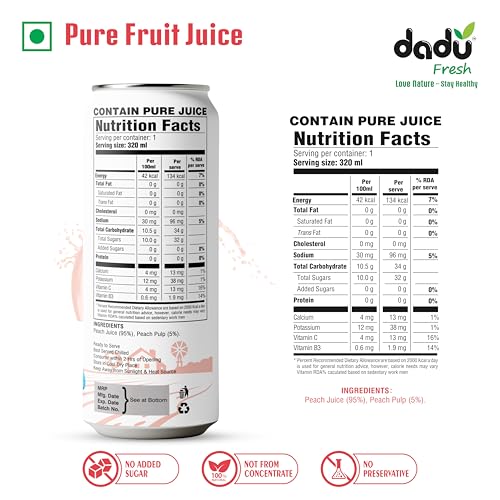 Image of Dadu Fresh Peach Juice | Pure Natural Fruit Healthy Beverage | Not from Concentrate, No Added Sugar, No Preservatives or Artificial Flavours | Vitamin Rich & Naturally Refreshing | 4 Cans x 320ml (1280ml)