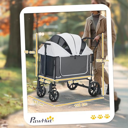 PawHut 2 in 1 Hundewagen Hundebuggy klappbar für Hunde & Katzen bis 30 kg Bollerwagen mit Kissen Netzfenstern 2 Türen Aufbewahrungstasche Katzenwagen Buggy Dunkelgrau