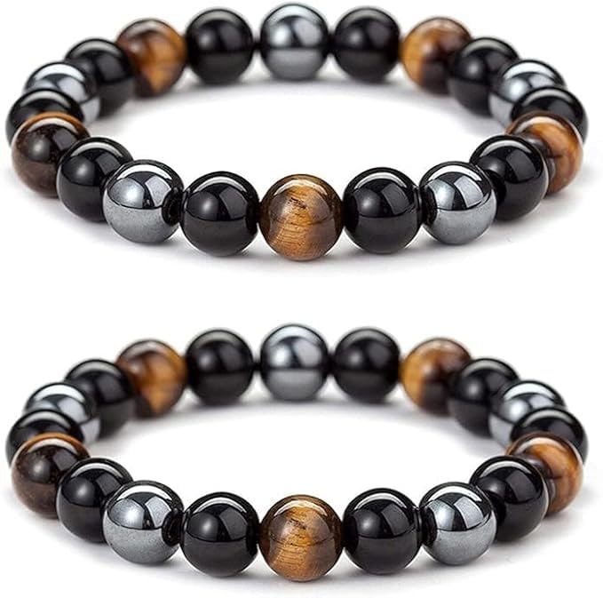 BLESSING CRYSTAL2 Pcs Protection Bracelet 8MM Tiger Eye Hematite Stone Black Obsidian Bracelets Stress Relief And Anxietysone,For Negativity Evil Eye Spirit Protection For Unisex Adult