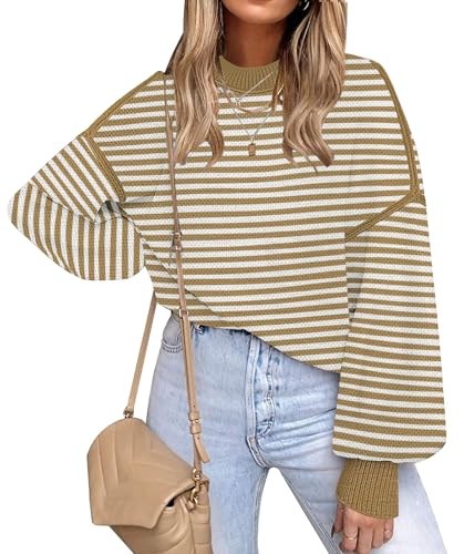 Image of Fall Clothes for Women 2026 Fashion Outfits Knitted Oversized Sweaters | Disamer Womens Sweater Trendy,Color Block Crew Neck Long Sleeve Knitted Pullover Jumper Tops,Striped,Winter Cute Sweaters