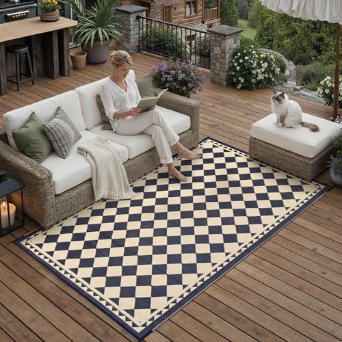 PureCozy Outdoor Teppich Wetterfest,120x180cm Waschbarer Camping Balkon Teppiche Wendbar UV-bestandig Carpet, Outdoorteppich für Balkon,Garten,Wohnmobil,Deck,Hinterhof,Schwarz & Beige