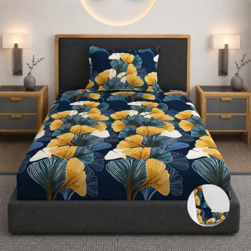 Image of Vaini Premium Heavy Cotton Elastic Fitted Bedsheets with 1 King Size Pillow Covers || Single Bed with All Around Elastic 350 TC || 36 x 78 x 6 Inch Single Size Fitted || :- Green Mushroom