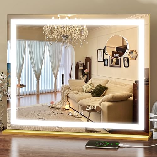 ROLOVE Gold Vanity Mirror with Lights 23x18 Inch, 3-Color Dimmable LED & Touch Control - Large...