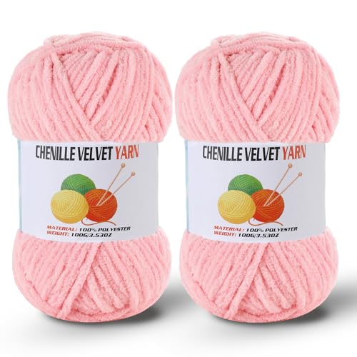 Image of 2 * 100g /3.5oz Fluffy Chenille Yarn for Crocheting, Chunky Velvet Yarn for Crochet Amigurumi, Used for Making Baby Yarns Blanket, Clothes, Pattern Knitting Creations (Pink)