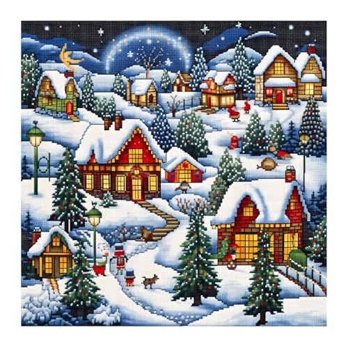 Image of Xinpinzhou Christmas 11ct Stamped Cross Stitch Kits for Adults, 16x16 in | Pre Printed 11 Count Cotton Fabric, Finished Embroidery Pattern is Elegant for Wall Decor, Easy Diy Hobby Craft for Women