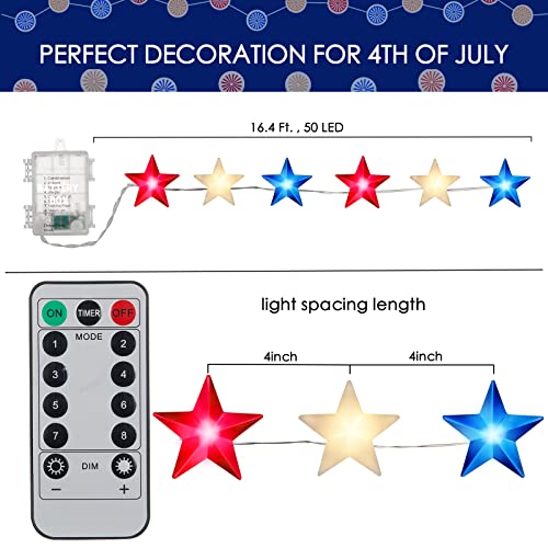 4Th Of July Lights - 16 Ft 50 Led Red White And Blue Lights Battery Operated, Patriotic Light With Remote & Timer, Star String Light For Independence Day, Memorial Day, Fourth Of July Decor (Star) #TOP4