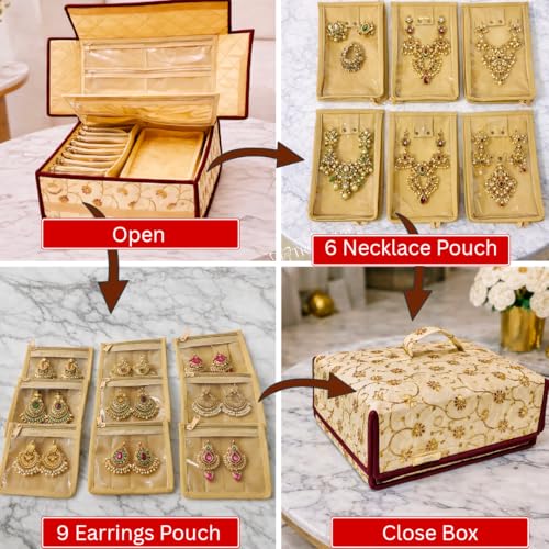Image of Trendifly Royal Flower Design Jewellery Organiser bag | Travel Makeup Cosmetic Jewelry Storage organizer box for Bridal women Earrings Bracelet Necklace (Brown Tikki)