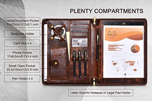 Azxcg Leather Portfolio Folio, Professional Planner For Men, Business Organizer Notebook With A4 Legal Pad Holder, Resume Zippered Padfolio Document Folder, Handmade Gifts For Women, Oil Wax #TOP6
