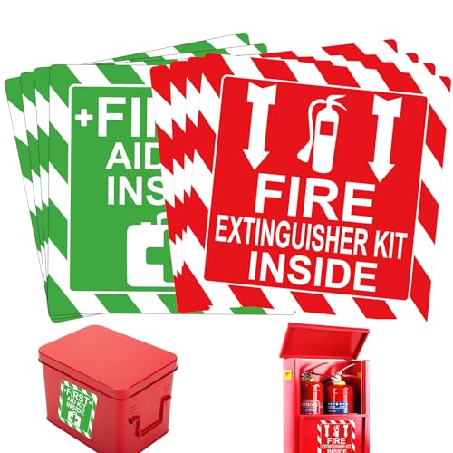 Green First Aid Kit Inside Red Fire Extinguisher Inside Stickers 4 Inch Safety Sign-Adhesive First Aid Kit Sign Decals UV Resistant 8 Pcs Industrial Safety Warning Decal for Trucks or Equipment