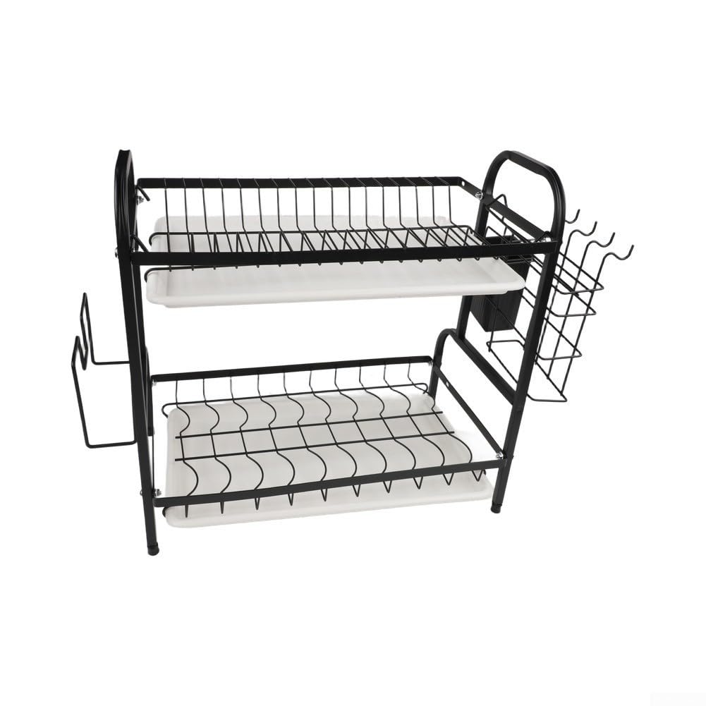 para estantería Cocina 2 Pisos Metal Escurridor Vajilla Multifuncional con Cubiertos Negro 42x42x23.5cm