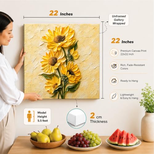 Image of PAINTINGMANTRA Textured Embossed Floral Canvas Wall Art Painting for wall decoration, Vibrant Yellow Sunflower Motifs Stretched Canvas Painting for living room, bedroom, office and Home, 22x22 Inch