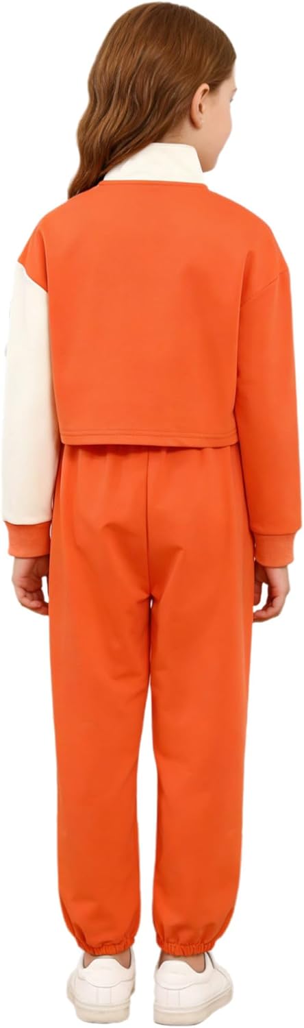 iiniim Girls Chinese Style Contrast Color Training Uniform Set Long Sleeve Frog Buttons Top Fitted Loose Pants Orange 7-8 Years