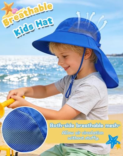 Image of Rosoz Kids Sun Hat with Neck Flap UV Protection Summer Toddler Beach Hat Unisex Ponytail Hat Wide Brim Fishing Hat