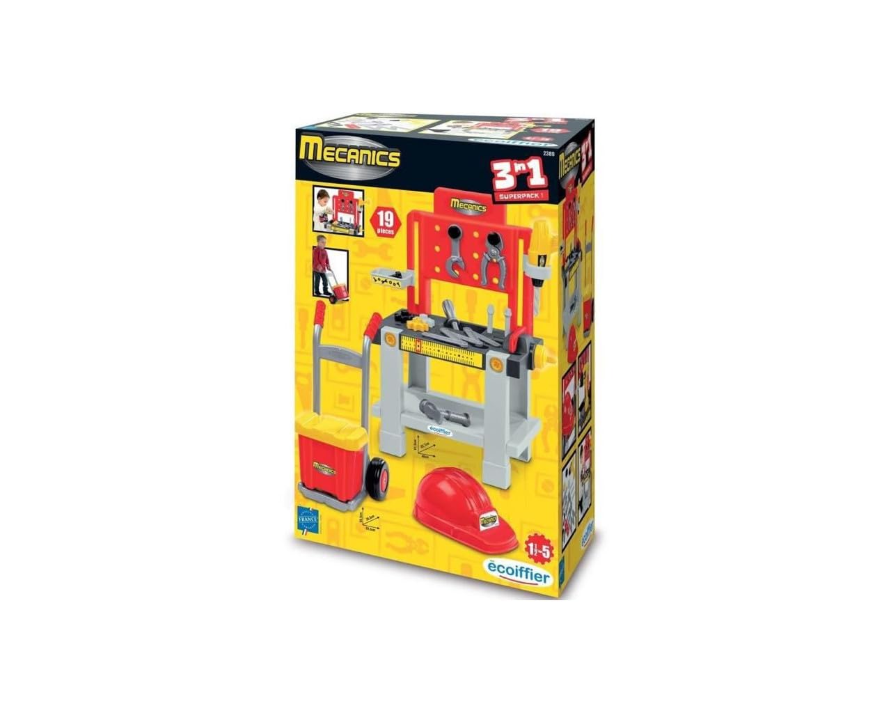 Ecoiffier 2389 Spielzeug-Set Mecanics mit Werkbank, Teufel und Helm – Mecanics – Bastelspiel – Nachahmungsspiel – ab 18 Monaten