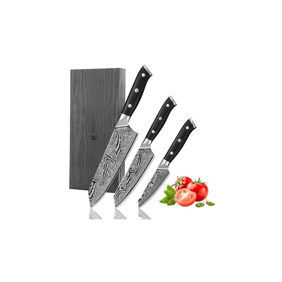 Wakoli Kitchen Knife Set, 3-pcs Professional Knives Set for Kitchen made from 67 Layers of Genuine Damascus Steel with VG10 Core, Chef Knife Set with G10 Handle in Wooden Gift Box (Nitoko)