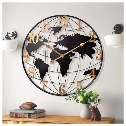 Large World Map Wall Clock, Metal Minimalist Modern Clock,Round Silent Non-Ticking Battery Operated Wall Clocks for Living Room/Home/Kitchen/Bedroom/Office/Farmhouse Decor (24 Inch)