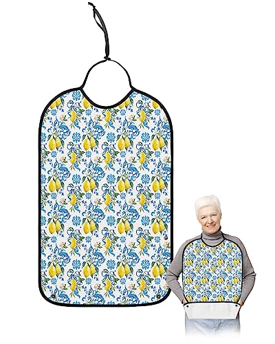 Adult Bibs for Elderly Women - Summer Lemon Waterproof Dining Clothing Protectors with Crumb Catcher for Eating/Feeding, Modern Abstract Art Blue Yellow Fruit Terry Cloth Bib Machine Washable