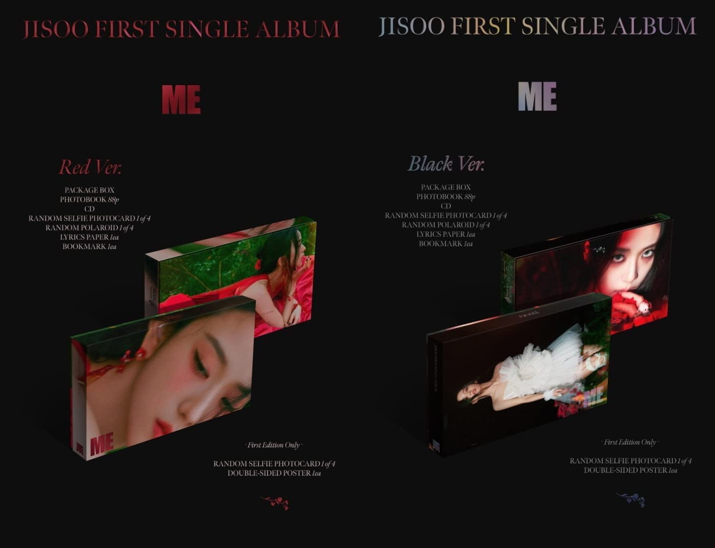 Jisoo Pierwszy pojedynczy album CD + POB + fotoksiążka + fotokartka do selfie + Polaroid + papier tekstowy + zakładka + śledzenie zapieczętowane (zestaw czarny + czerwony)