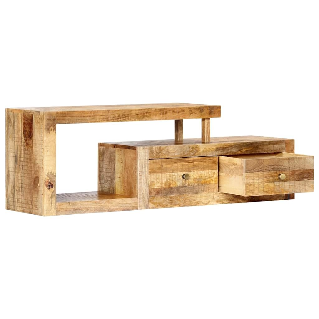 Meuble TV Bois Massif de Manguier 120 cm, Télévision Moderne avec 2 Tiroirs, Meuble de Salon Élégant et Pratique pour Rangement, Livré Assemblé et Prêt à l'emploi