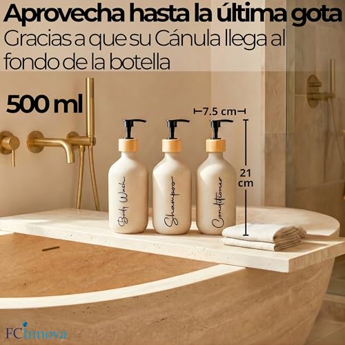 FCINNOVA Dispensador Jabon Baño Beige 500ml - Set de 3 Botes para Gel y Champu Acondicionador + Embudo para Rellenado | Este Dosificador Jabon Baño es Elegante practico y mantendra su Ducha ordenada - imagen 7