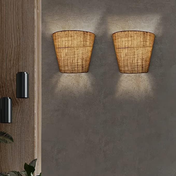 Handicraft Jute Conical Wall Lamp Shade Pendant Lighting | Fabric Shade | Hanging Light Fixture | Holder and Wire Plug-in Wall Sconce Lighting | On/ Off Switch | Wall Mounted Lamps | D Shade | Pack of 2 | COLOUR BROWN