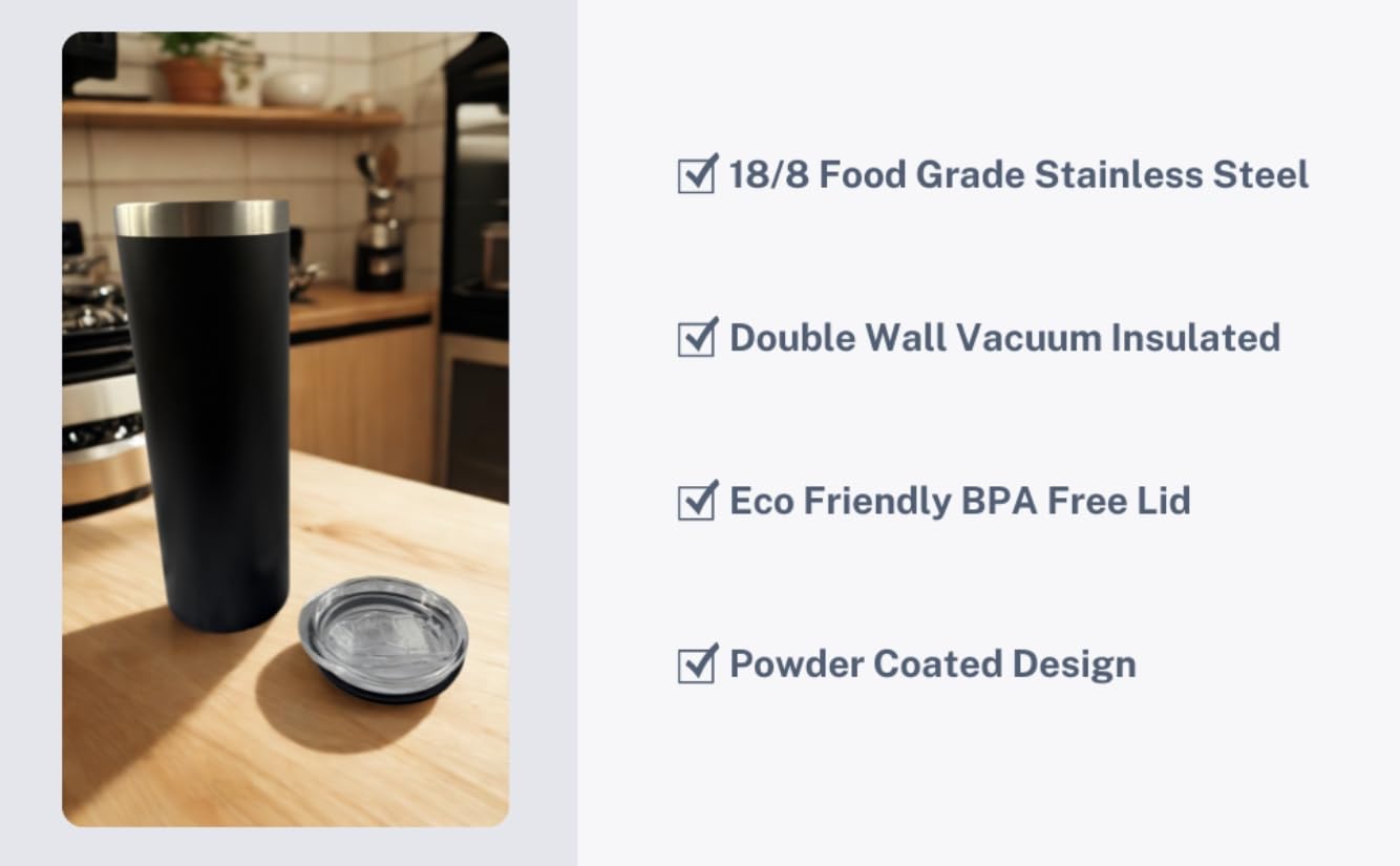 Photo 1 of 20 oz Powder Coated Cup Double Wall Stainless Steel 20oz Skinny Straight Tumbler with Lid: Black