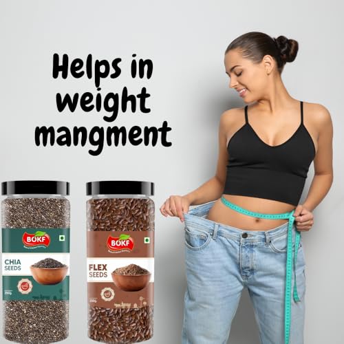 Image of BOKF Chia Seeds + Flax Seeds Combo Pack | Natural & Raw Superfoods | Rich in Omega-3, Fiber & Protein | Weight Management & Healthy Diet Seeds (250g+250g)