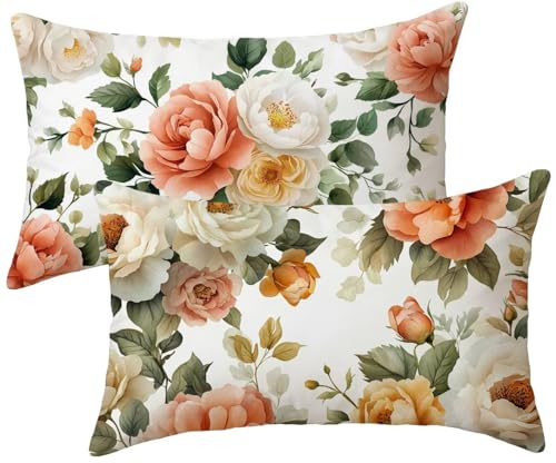 Set of 2 Velvet Cushion Covers 40x70cm Flower Pillow Cases, White Decorative Pillows, Outdoor Cushions, Garden Cushions Waterproof Sofa Cushion, for Living Room Sofa Bedroom Garden Patio Benches k-411