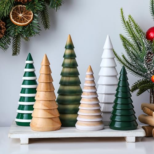 Cinnvoice 6 Pcs Farmhouse Rustic Wooden Christmas Trees Tabletop Decorations Simple Wood Christmas Decor Xmas Table Centerpiece Figurines for Home Office Farmhouse Holiday Table Decor (Colorful)