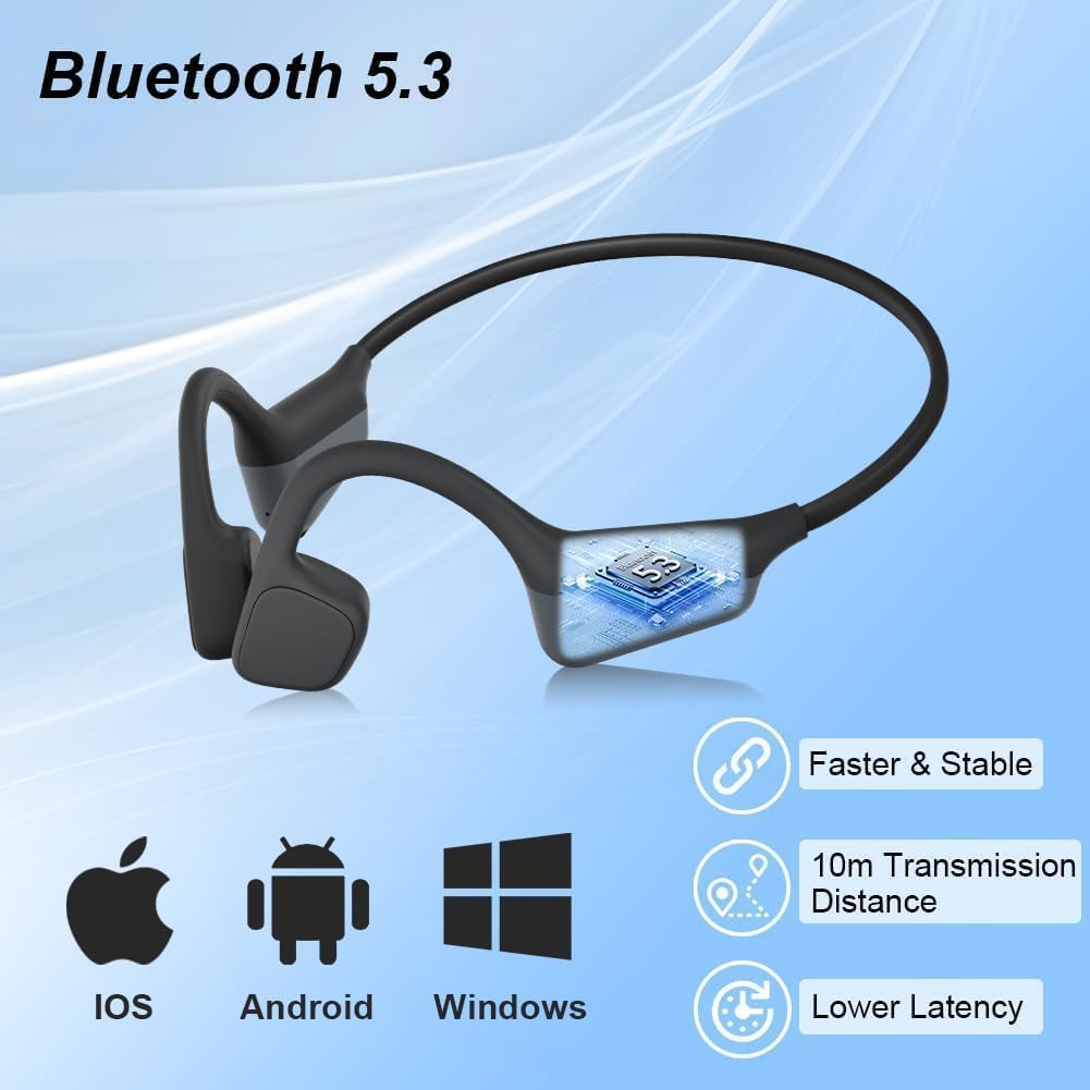 Cuffie Conduzione Ossea, Bluetooth 5.3, Auricolari Sportivi Bluetooth Open-ear, IPX5 Impermeabili, Autonomia 10 Ore, Qualità Audio HD, Open-ear Cuffie Per Corsa Ciclismo Guida Fitness (Nero)