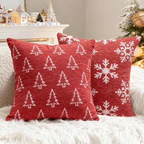Image of 2 Pack Christmas Pillow Covers 18x18, Chenille Double-Sided Snowflake & Christmas Tree Decorative Throw Pillow Cases, Soft Farmhouse Holiday Cushion Covers for Sofa Couch Bed(Red,18x18)