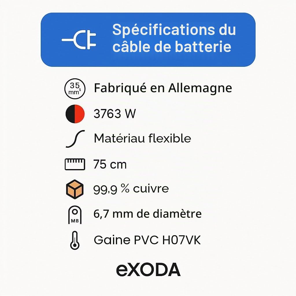 eXODA kit de câbles de batterie 35 mm² 75 cm rouge noir avec gravé M8 12V