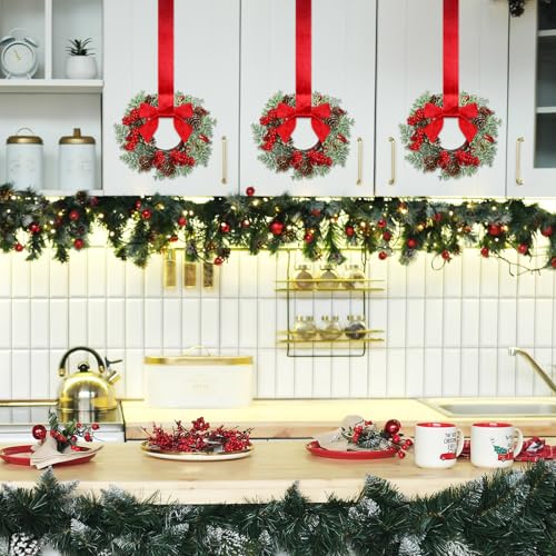 Image of Dingion 6 Pcs 6 inch Christmas Mini Cabinet Wreaths Norfolk for Kitchen with Ribbon Bows Red Berry Norfolk Pine Small Window Wreath Hunging Ornament for Window Door Farmhouse Christmas Party Decorations