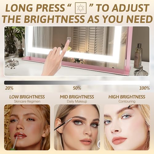 Image of ROLOVE Pink Vanity Mirror with Lights 22 inchx18 inch, Lighted Makeup Mirror with 10X Magnification, Smart Touch 3 Colors Dimmable, 360 Rotation, Gift for Teens