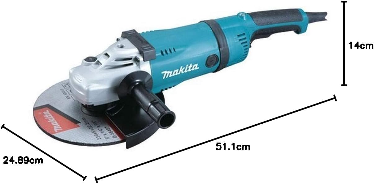 Makita GA9040R Angle Grinder with dimensions: 51.1cm length, 24.89cm width, 14cm height