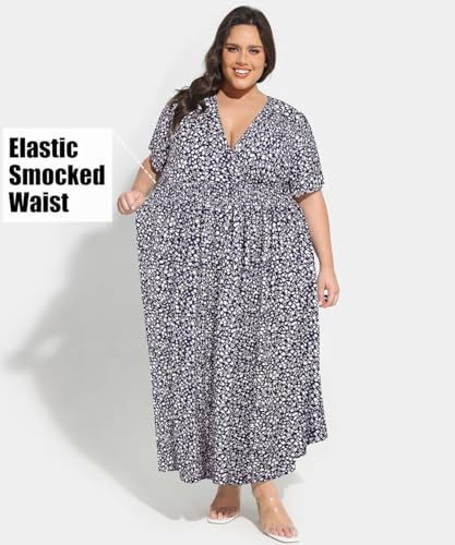 Image of CARCOS Plus Size Dresses for Curvy Women V Neck Summer Maxi Dress Short Sleeve Floral Boho Dress Smocked Waist Beach Dress