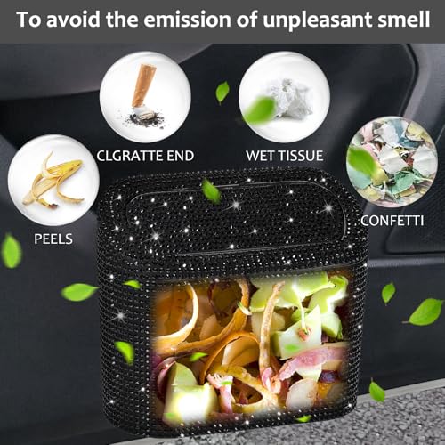 Image of Accmor Bling Car Trash Can with Lid, Mini Vehicle Garbage Organizer Storage Bin Dustbin, Sparkling Crystal Rhinestone Holder Container with 30pcs Garbage Bags Car Accessories