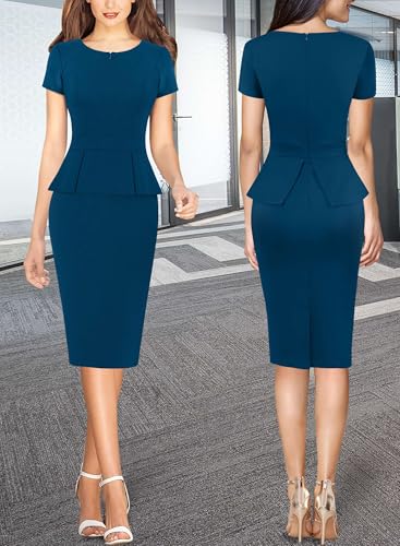 Image of VFSHOW Womens Work Business Office Front Zipper Peplum Bodycon Dresses Elegant Short Sleeve Slim Church Pencil Sheath Dress
