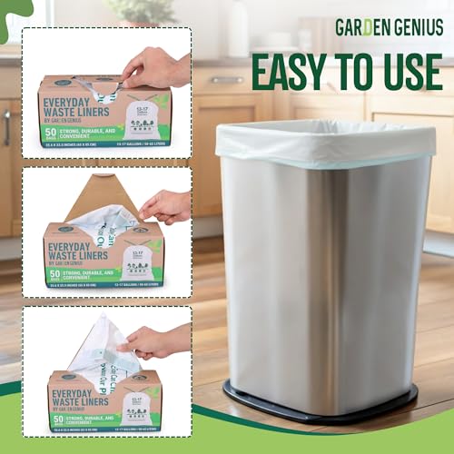 Image of Biodegradable 13-17 Gallon Code-Q Trash Bags (50 Pack) | Strong Heavy-Duty Tall White Kitchen Bags w /Drawstring | Fits Simplehuman & Standard Cans | Eco-Friendly D2W, 30 Micron Thick | 25.6 inch x 33.5 inch
