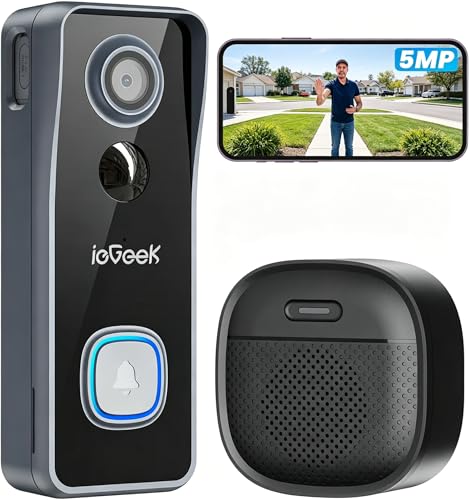 ieGeek Wireless Doorbell Camera No Subscription - 5MP Ultra Clear Motion Detection Alert Video Doorbell, Cloud/Local Storage, Battery Power Easy Connect & Install, Work with Alexa, Only 2.4Ghz WiFi