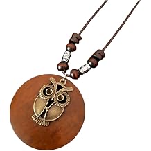 KIFEDSLJ Wooden Pendant Necklace with Owl Leaf Elephant Flower Handmade Vintage Bronze Leaf Long Leather Chain Sweater Necklace for Women