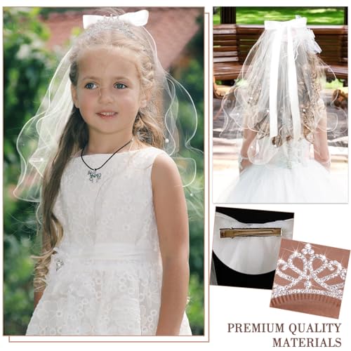 Girls First Communion Veils Set -Tiara,Veil,White Gloves,Cross Bracelet - Holy Communion Dress For Catholic Events Wedding Kids Parties3