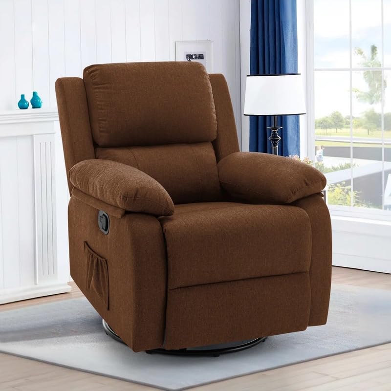 Image of Recliner Sofa 1 Seater | Manual Recliner, 360 Swivel Recliners for Small Spaces,Rocker Recliner with Side Pockets Chairs for Living Room, Bedroom, Nursery, Brown