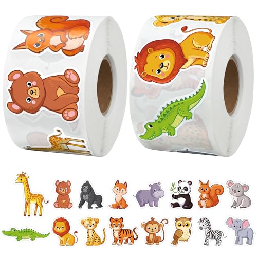 1200 Pcs Safari Animal Stickers Roll 1.5 Cartoon Jungle Animal Sticker Labels 16 Designs Self-Adhesive Cute Zoo Animals Incentive Decals for School Classroom Teacher Reward Envelopes Gift Party Decor