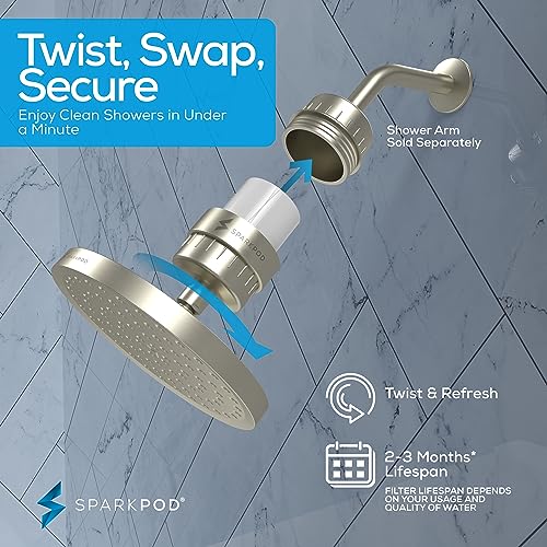 Image of SparkPod Filtered Shower Head, 23-Stage, 8 inch Round, Brushed Nickel | Showerhead for Hard Water, High Pressure, Reduces Chlorine, Heavy Metals, For Dry Skin & Hair, Removable Capsule Filter