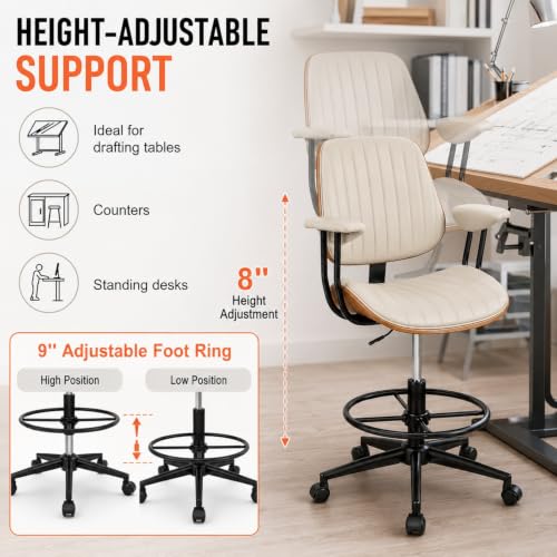 Image of Drafting Chair for Standing Desk, Arms Tall Office Chair with Bentwood Backrest, Adjustable Height, Footrest Ring and Swivel Seat, PU Leather (Ivory)