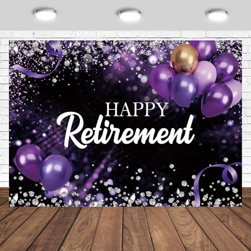 Tcoyodw Purple Happy Retirement Backdrop 7x5ft Shine Diamonds Balloon Photography Background for Women Silver Diamonds Happy Retirement Party Purple Photo Studio Props
