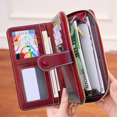 Women Wallet RFID Blocking Card Holder Wristlet Phone Purse Leather Zip Clutch Large Capacity2