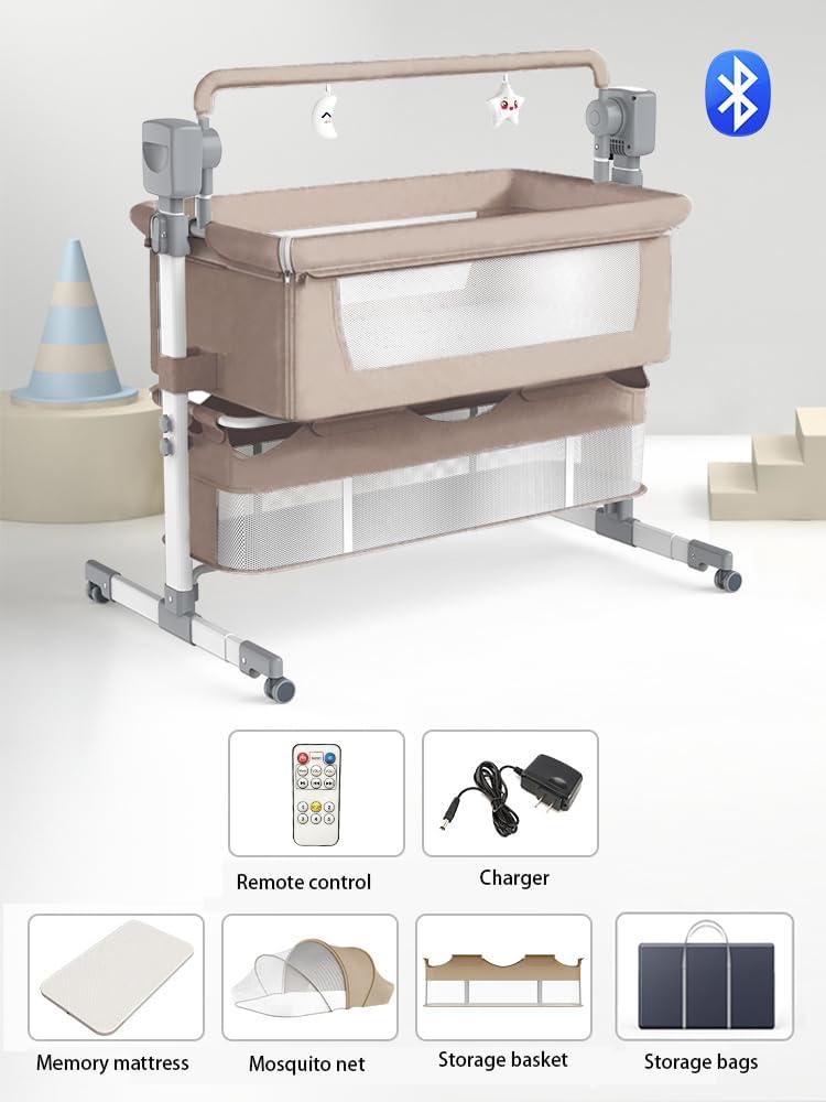Elettrico Bluetooth Intelligente Culla Neonato Next to me, Pieghevole Convertibile Culla Co-sleeping, Letto Fianco Letto con Musica e Telecomando, 5 Ingranaggi Oscillanti (601 Beige)